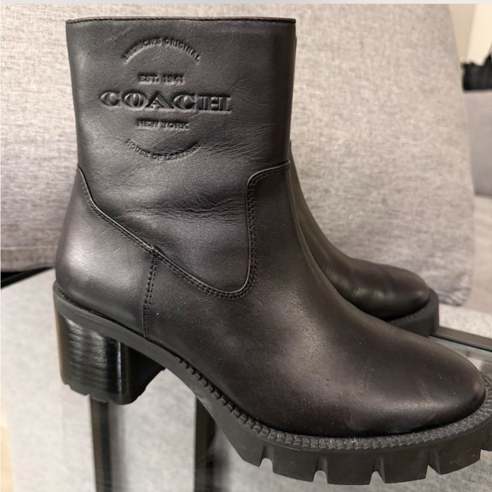 COACH Black Leather Ankle Booties with Block Heel - Picture 1 of 2